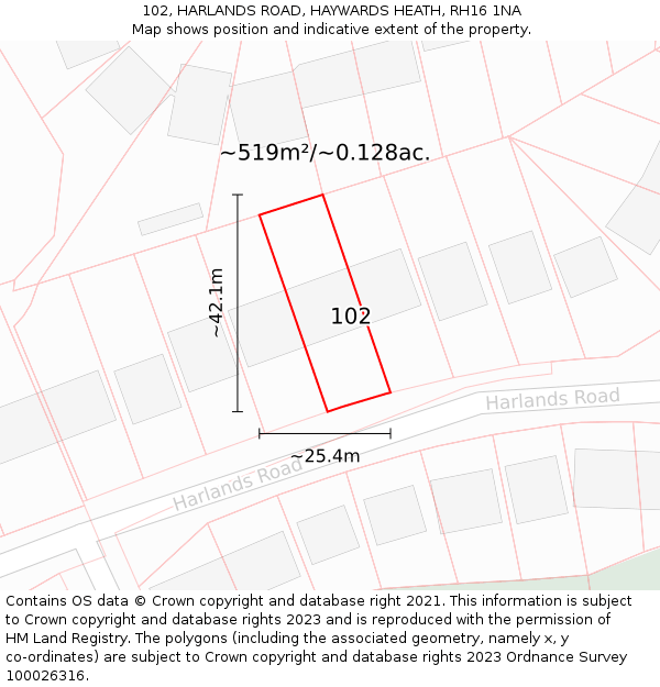 102, HARLANDS ROAD, HAYWARDS HEATH, RH16 1NA: Plot and title map