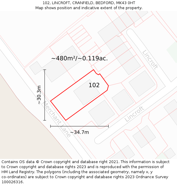 102, LINCROFT, CRANFIELD, BEDFORD, MK43 0HT: Plot and title map