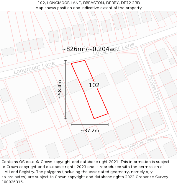 102, LONGMOOR LANE, BREASTON, DERBY, DE72 3BD: Plot and title map