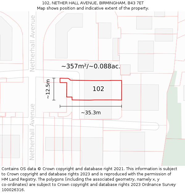 102, NETHER HALL AVENUE, BIRMINGHAM, B43 7ET: Plot and title map