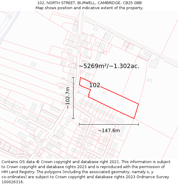 102, NORTH STREET, BURWELL, CAMBRIDGE, CB25 0BB: Plot and title map