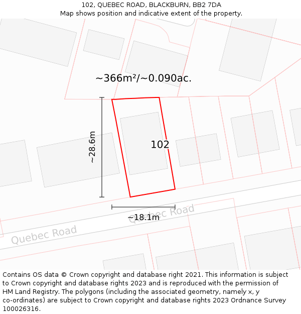 102, QUEBEC ROAD, BLACKBURN, BB2 7DA: Plot and title map