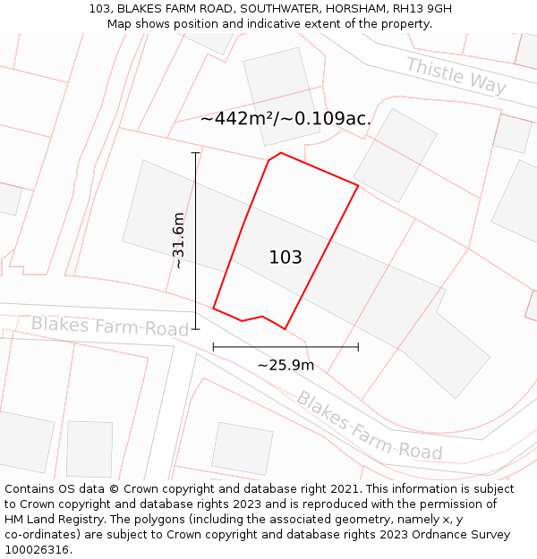 103, BLAKES FARM ROAD, SOUTHWATER, HORSHAM, RH13 9GH: Plot and title map