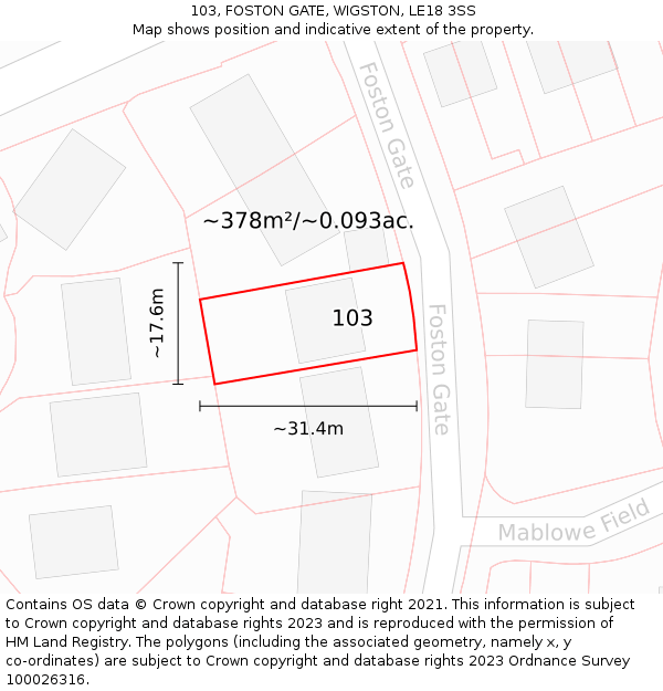 103, FOSTON GATE, WIGSTON, LE18 3SS: Plot and title map