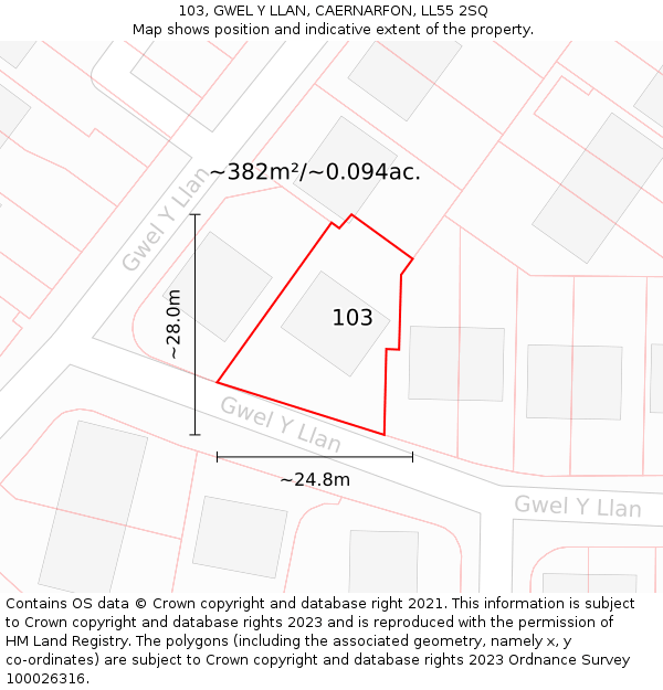 103, GWEL Y LLAN, CAERNARFON, LL55 2SQ: Plot and title map