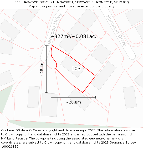 103, HARWOOD DRIVE, KILLINGWORTH, NEWCASTLE UPON TYNE, NE12 6FQ: Plot and title map