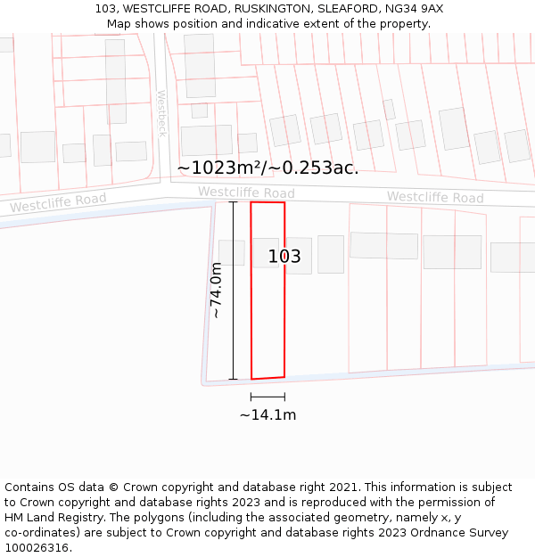 103, WESTCLIFFE ROAD, RUSKINGTON, SLEAFORD, NG34 9AX: Plot and title map