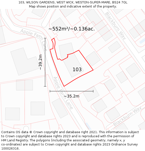 103, WILSON GARDENS, WEST WICK, WESTON-SUPER-MARE, BS24 7GL: Plot and title map