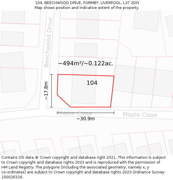 104, BEECHWOOD DRIVE, FORMBY, LIVERPOOL, L37 2DN: Plot and title map