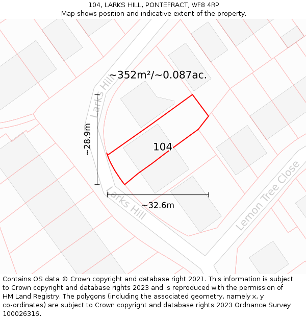 104, LARKS HILL, PONTEFRACT, WF8 4RP: Plot and title map