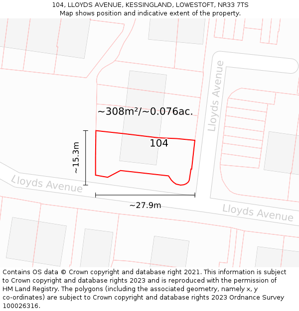 104, LLOYDS AVENUE, KESSINGLAND, LOWESTOFT, NR33 7TS: Plot and title map