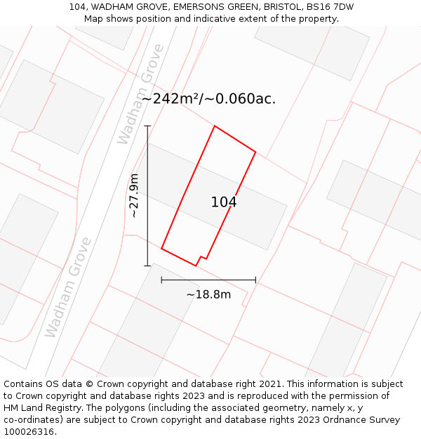 104, WADHAM GROVE, EMERSONS GREEN, BRISTOL, BS16 7DW: Plot and title map