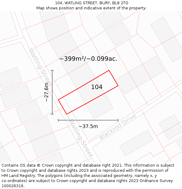 104, WATLING STREET, BURY, BL8 2TG: Plot and title map