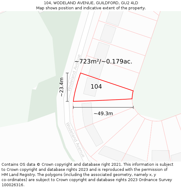 104, WODELAND AVENUE, GUILDFORD, GU2 4LD: Plot and title map