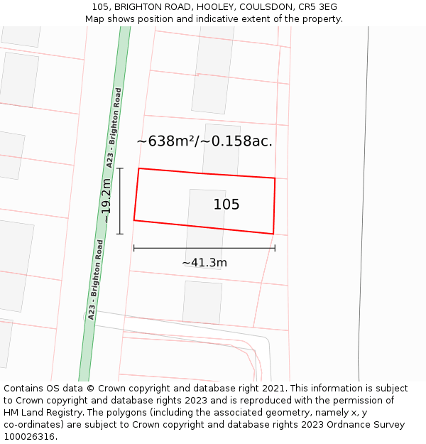 105, BRIGHTON ROAD, HOOLEY, COULSDON, CR5 3EG: Plot and title map