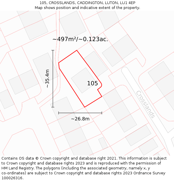 105, CROSSLANDS, CADDINGTON, LUTON, LU1 4EP: Plot and title map