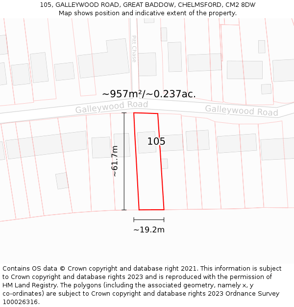 105, GALLEYWOOD ROAD, GREAT BADDOW, CHELMSFORD, CM2 8DW: Plot and title map