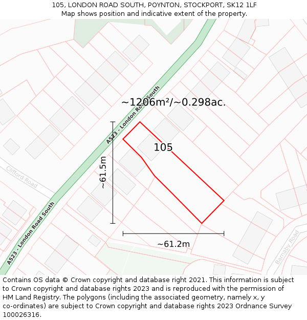 105, LONDON ROAD SOUTH, POYNTON, STOCKPORT, SK12 1LF: Plot and title map