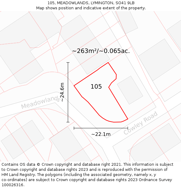 105, MEADOWLANDS, LYMINGTON, SO41 9LB: Plot and title map