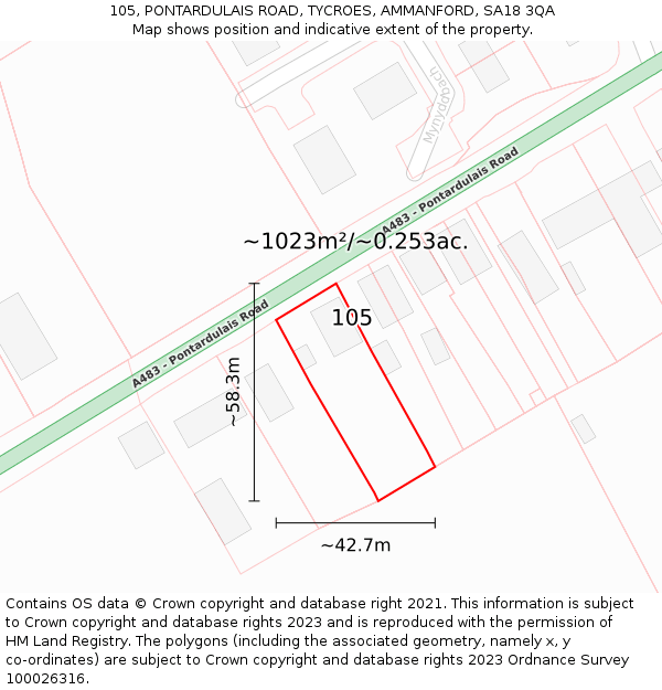 105, PONTARDULAIS ROAD, TYCROES, AMMANFORD, SA18 3QA: Plot and title map