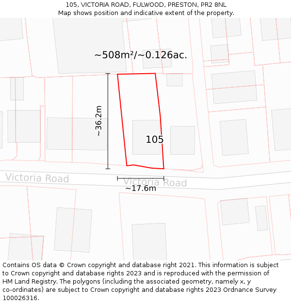 105, VICTORIA ROAD, FULWOOD, PRESTON, PR2 8NL: Plot and title map