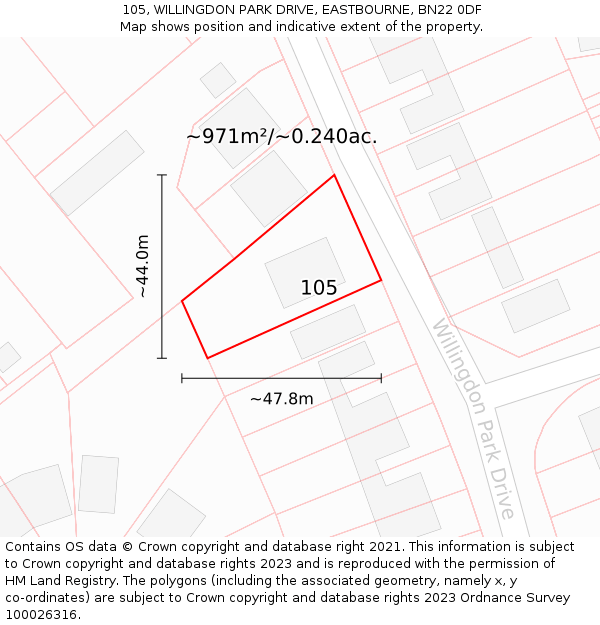 105, WILLINGDON PARK DRIVE, EASTBOURNE, BN22 0DF: Plot and title map