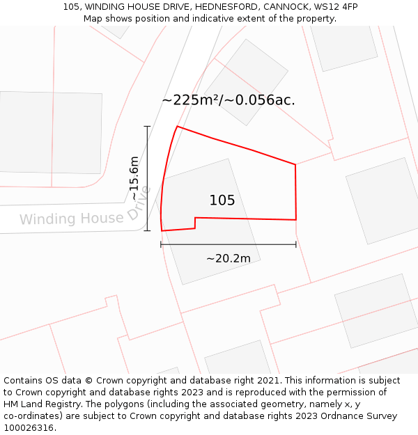 105, WINDING HOUSE DRIVE, HEDNESFORD, CANNOCK, WS12 4FP: Plot and title map