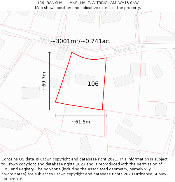 106, BANKHALL LANE, HALE, ALTRINCHAM, WA15 0NW: Plot and title map