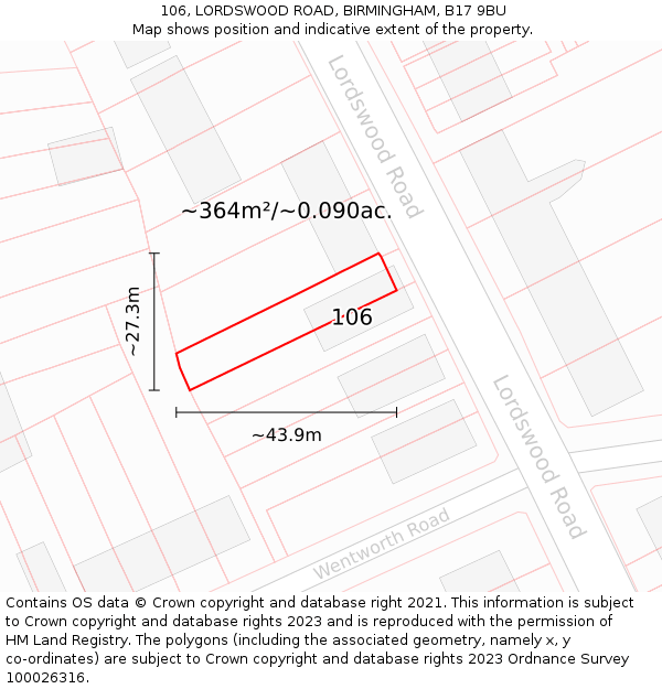 106, LORDSWOOD ROAD, BIRMINGHAM, B17 9BU: Plot and title map