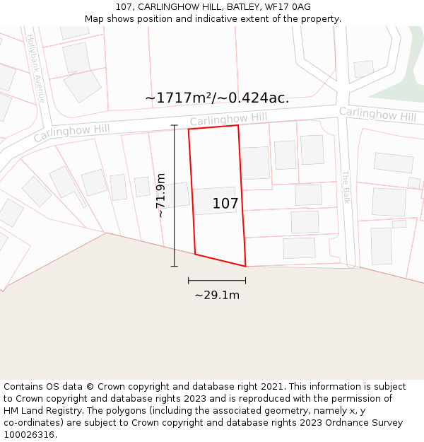 107, CARLINGHOW HILL, BATLEY, WF17 0AG: Plot and title map