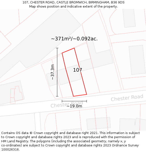 107, CHESTER ROAD, CASTLE BROMWICH, BIRMINGHAM, B36 9DS: Plot and title map