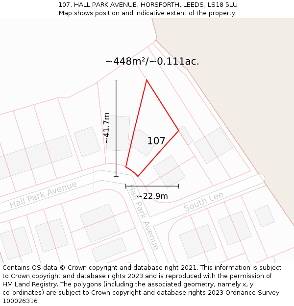 107, HALL PARK AVENUE, HORSFORTH, LEEDS, LS18 5LU: Plot and title map