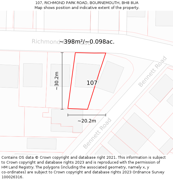 107, RICHMOND PARK ROAD, BOURNEMOUTH, BH8 8UA: Plot and title map