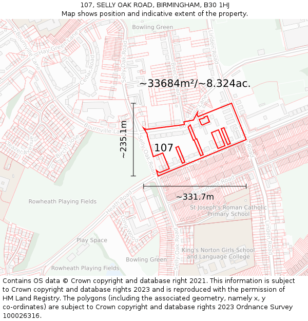 107, SELLY OAK ROAD, BIRMINGHAM, B30 1HJ: Plot and title map