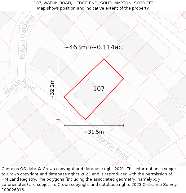 107, WATKIN ROAD, HEDGE END, SOUTHAMPTON, SO30 2TB: Plot and title map