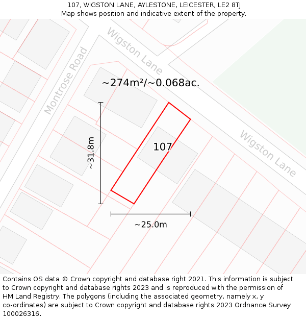 107, WIGSTON LANE, AYLESTONE, LEICESTER, LE2 8TJ: Plot and title map