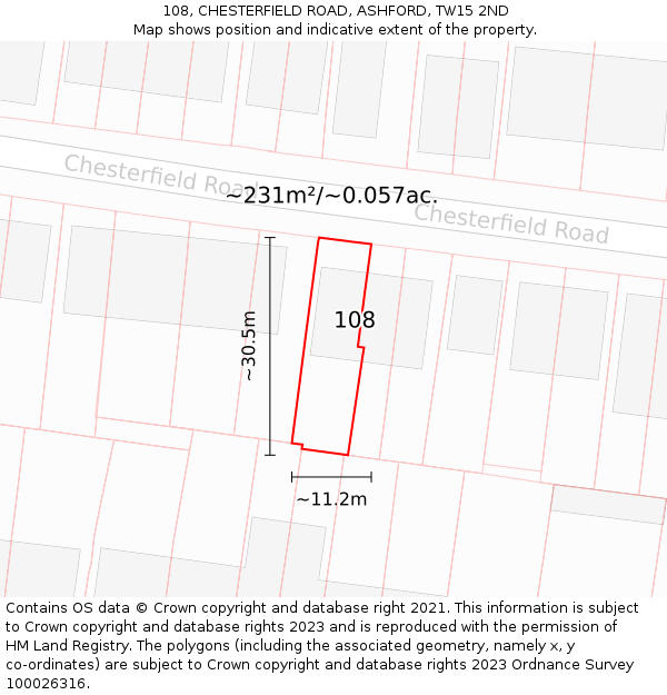 108, CHESTERFIELD ROAD, ASHFORD, TW15 2ND: Plot and title map