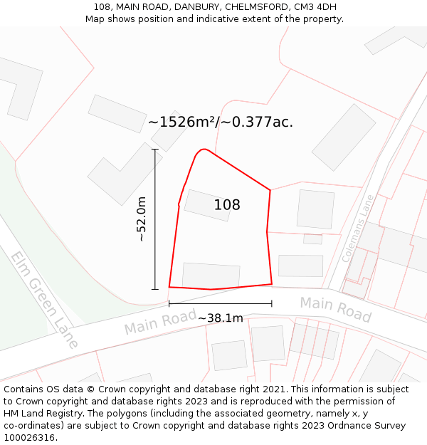 108, MAIN ROAD, DANBURY, CHELMSFORD, CM3 4DH: Plot and title map