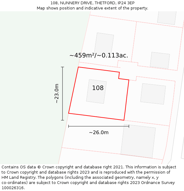 108, NUNNERY DRIVE, THETFORD, IP24 3EP: Plot and title map