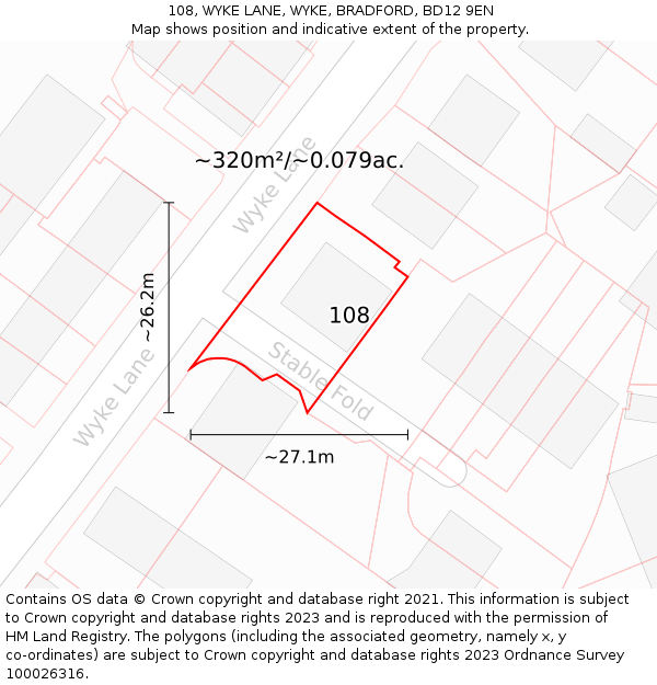 108, WYKE LANE, WYKE, BRADFORD, BD12 9EN: Plot and title map