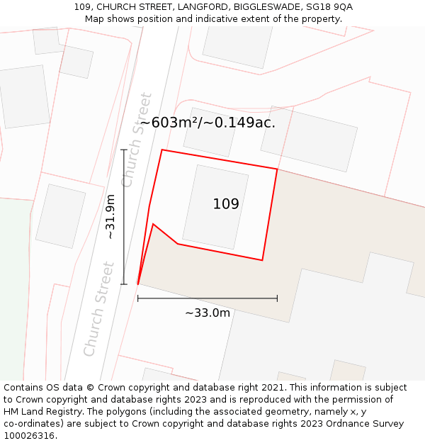 109, CHURCH STREET, LANGFORD, BIGGLESWADE, SG18 9QA: Plot and title map