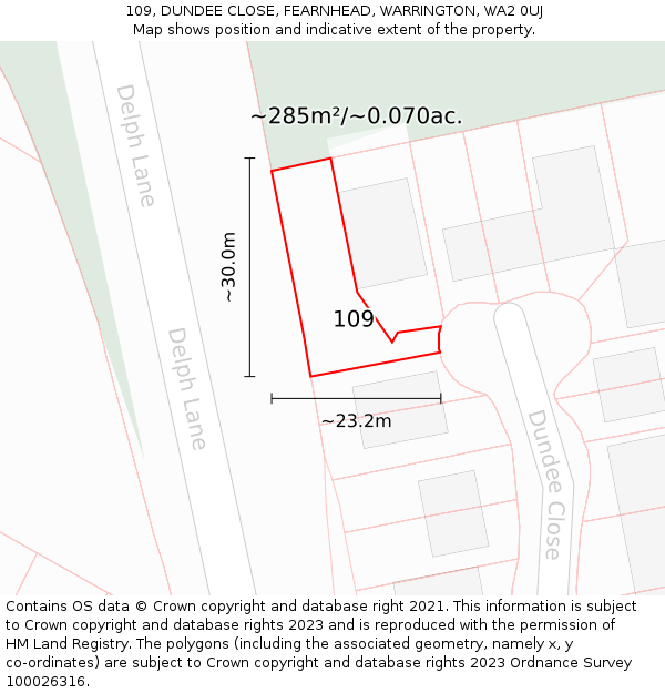 109, DUNDEE CLOSE, FEARNHEAD, WARRINGTON, WA2 0UJ: Plot and title map