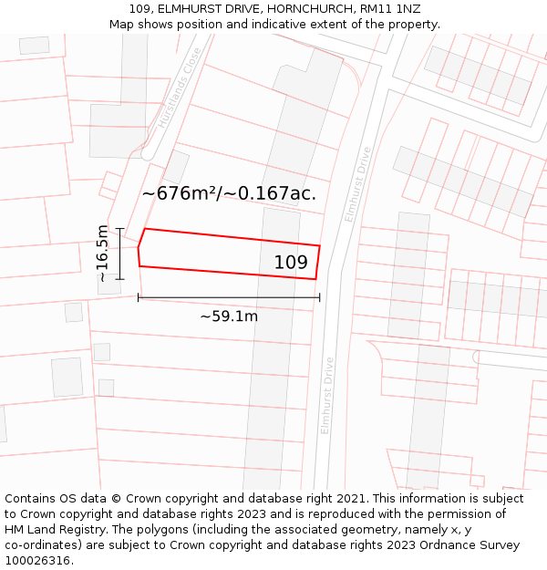 109, ELMHURST DRIVE, HORNCHURCH, RM11 1NZ: Plot and title map