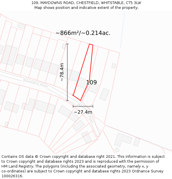 109, MAYDOWNS ROAD, CHESTFIELD, WHITSTABLE, CT5 3LW: Plot and title map