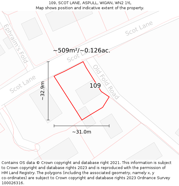 109, SCOT LANE, ASPULL, WIGAN, WN2 1YL: Plot and title map