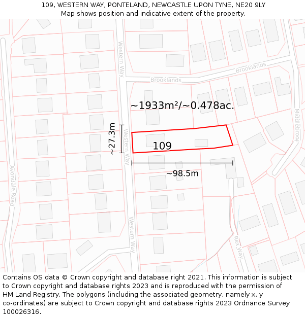 109, WESTERN WAY, PONTELAND, NEWCASTLE UPON TYNE, NE20 9LY: Plot and title map