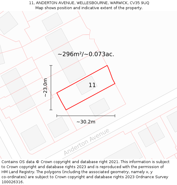 11, ANDERTON AVENUE, WELLESBOURNE, WARWICK, CV35 9UQ: Plot and title map