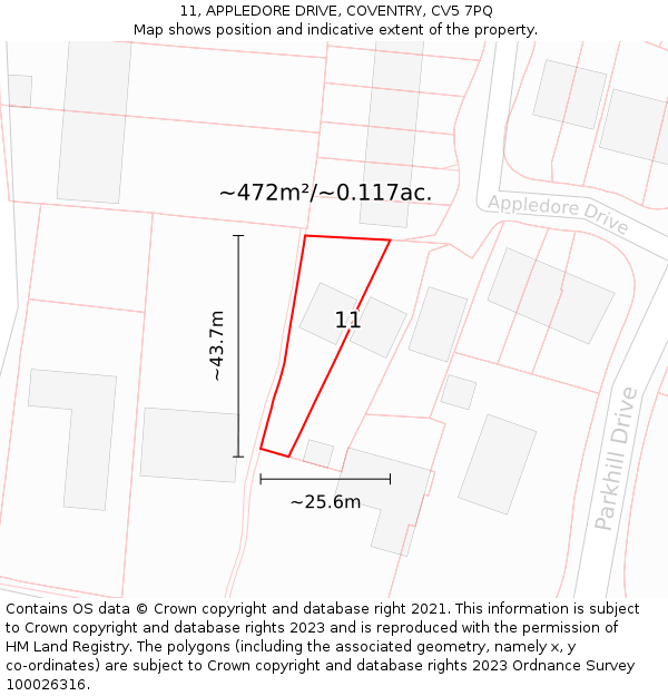 11, APPLEDORE DRIVE, COVENTRY, CV5 7PQ: Plot and title map