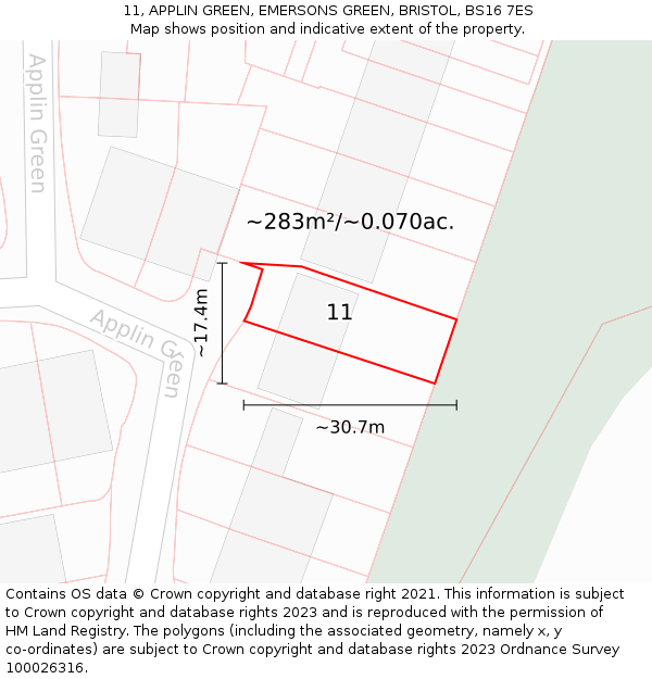 11, APPLIN GREEN, EMERSONS GREEN, BRISTOL, BS16 7ES: Plot and title map