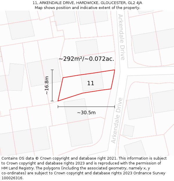 11, ARKENDALE DRIVE, HARDWICKE, GLOUCESTER, GL2 4JA: Plot and title map